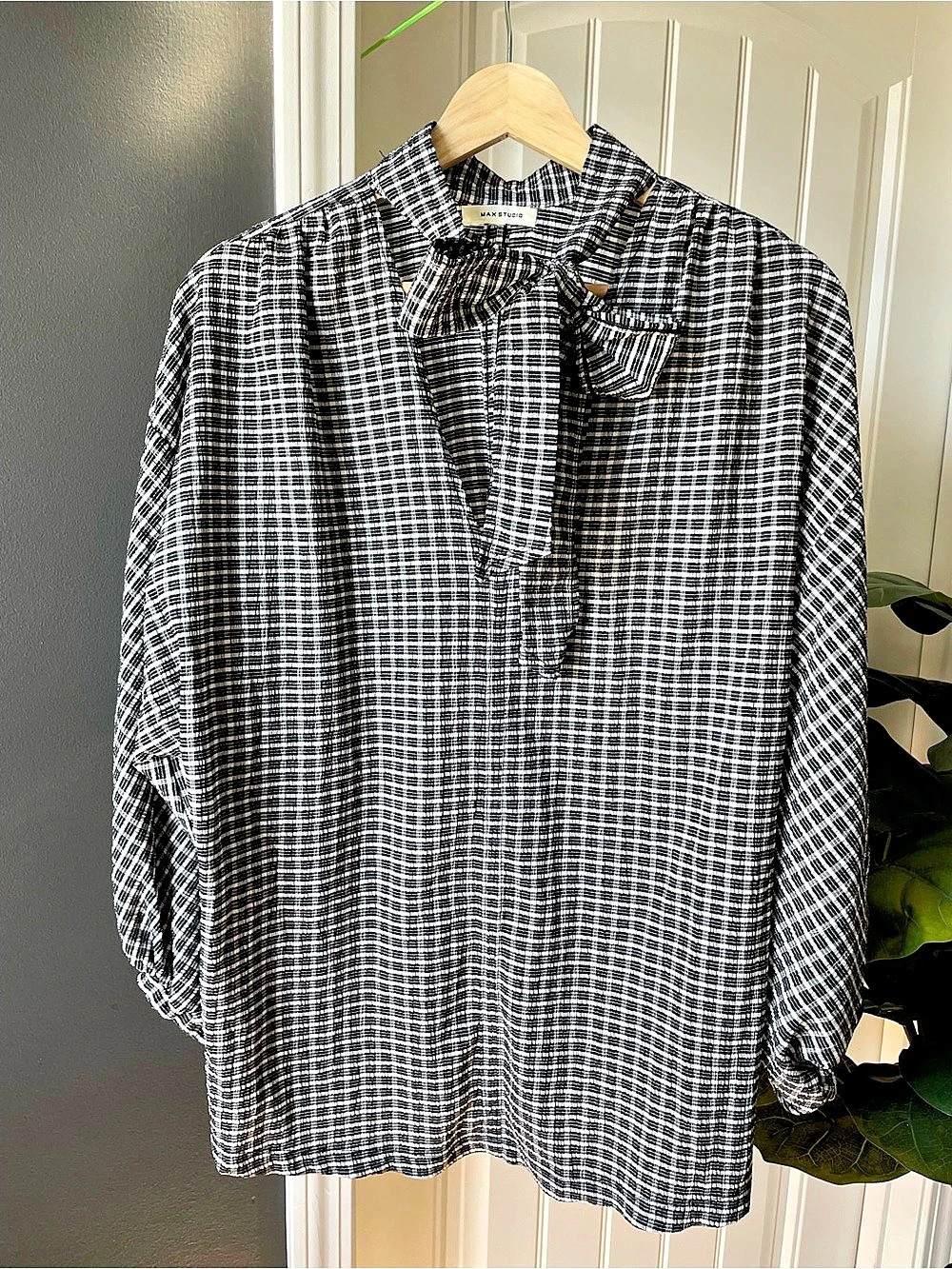 Max Studio Tie Neck Blouse Black White Checkered Plaid Bishop L/S Size XXL